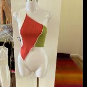 Immodel shirt - one shoulder ribbed asymmetrical cream/green/orange cropped NWT